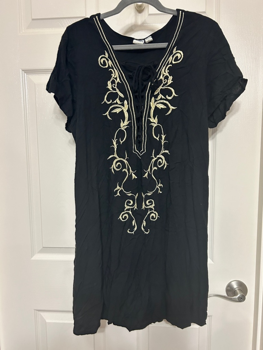 Black Tunic with Gold Metallic Embroidery Lace-Up Embroidered Coverup Beach XL